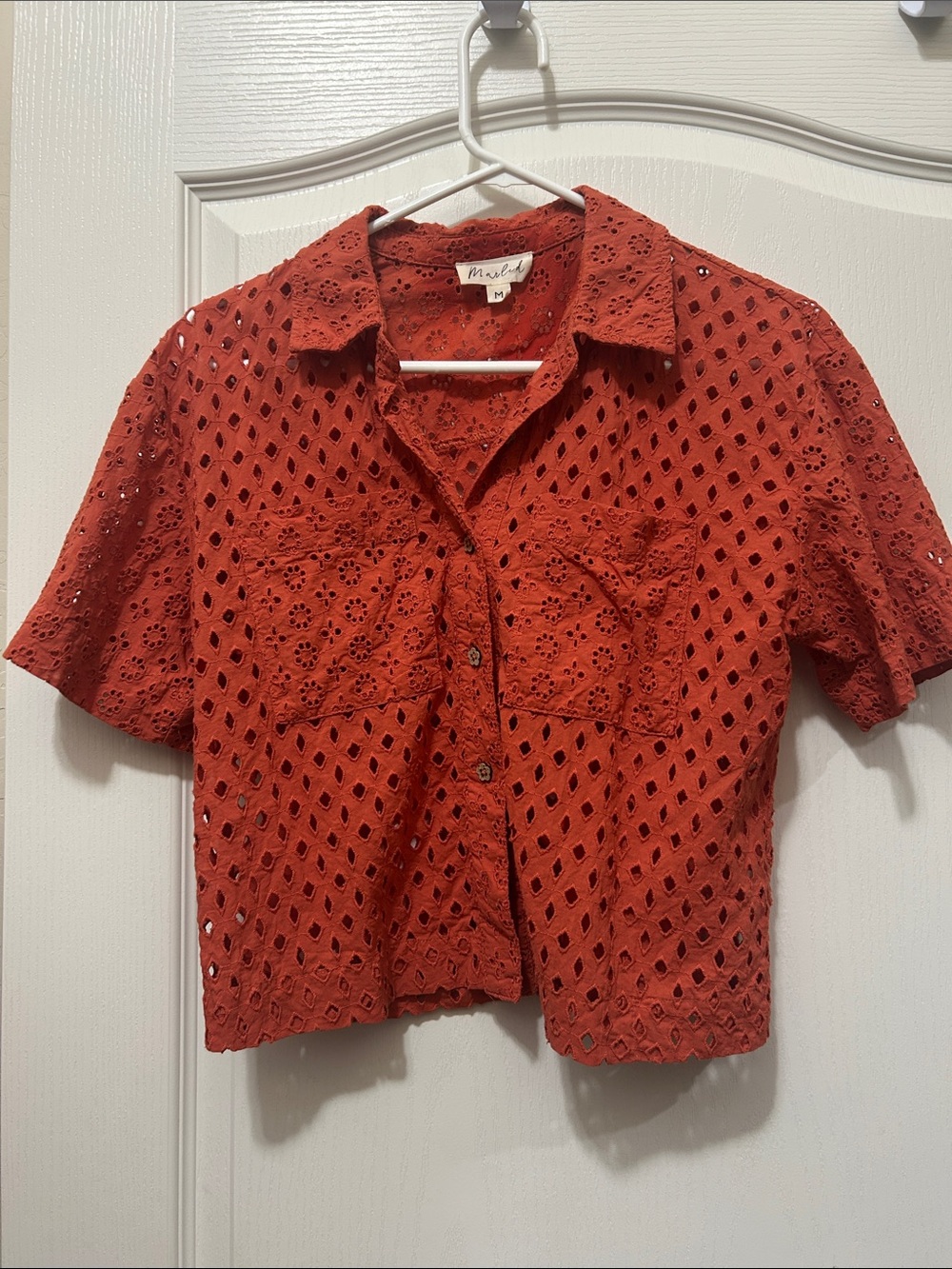 Rust Red Eyelet Button-Front Cropped Shirt